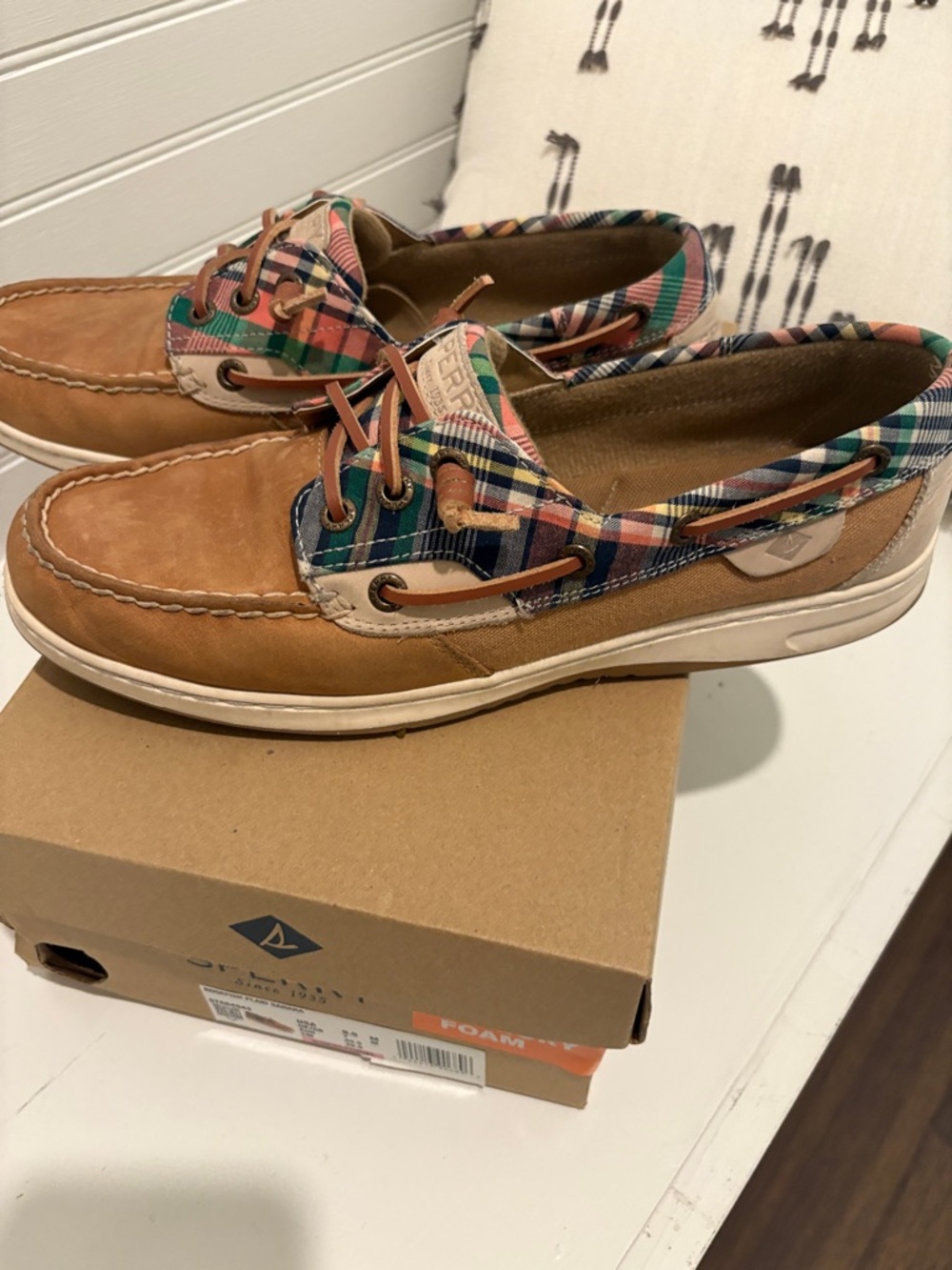 Sperry Tan Boat Shoes with Multicolor Plaid Trim